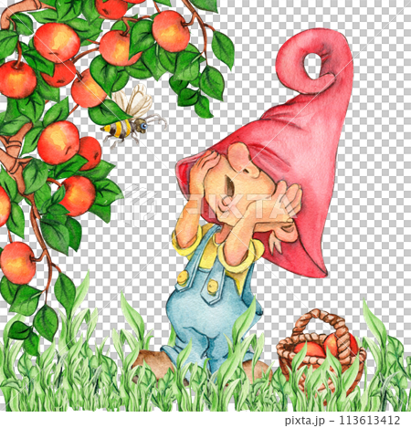 Composition of watercolor hand drawn cute Nordic Scandinavian gnomes and flowers and leaves watercolor illustration. Design for baby shower party, birthday, cake, holiday celebration, greetings cards. 113613412