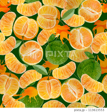 Green orange mandarine and color splash watercolor seamless pattern on green background, hand drawn for food design. Great for packages, wrapping paper, posters, cafe menu, organic food ads, textile 113613553