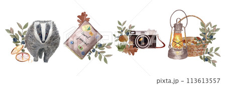 Badger, camera, diary, compass and lantern with autumn forest elements watercolor border isolated on white. Hand drawn high quality art in flat style for woodland kids designs, textile, tape, stickers 113613557