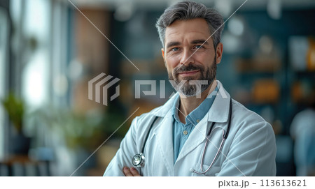 Doctor with stethoscope - medicine and healthcare concept. Portrait of a doctor 113613621