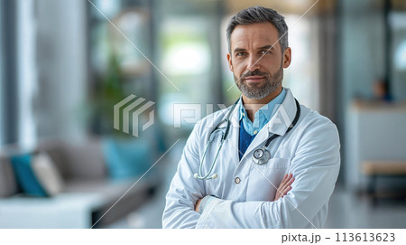 Doctor with stethoscope - medicine and healthcare concept. Portrait of a doctor 113613623