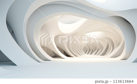 3D Abstract White Interior Background with Wavy Wall, Generative AI 113613664