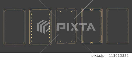 Line golden frame, celestiam minimal esoteric border, mystyc linear decoration with dots, corners isolated on dark background. Geometric shape, tarrot  113613822