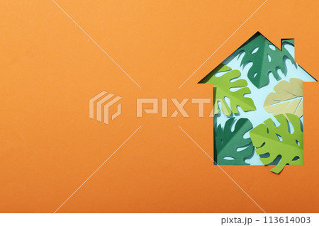 The house is cut out of paper with paper leaves 113614003