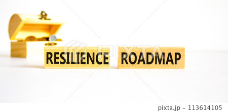 Resilience roadmap symbol. Concept word Resilience roadmap typed on wooden blocks. Beautiful white table white background. Wooden chest with coins. Business and resilience roadmap concept. Copy space. 113614105