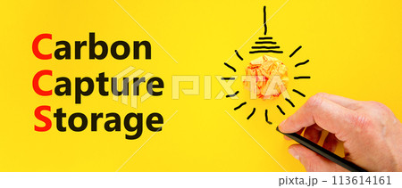 CCS Carbon capture storage symbol. Concept words CCS Carbon capture storage on beautiful yellow paper. Beautiful yellow background. Business ecological Carbon capture storage concept. Copy space. 113614161
