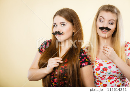 Two happy women holding fake moustache on stick 113614251