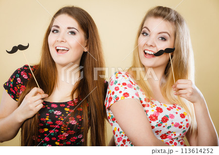 Two happy women holding fake moustache on stick Two happy women holding fake moustache on stick 113614252