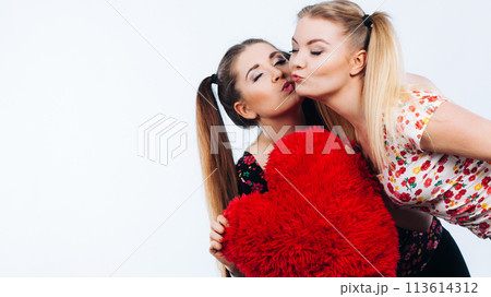 Happy two women holding heart shaped pillow 113614312