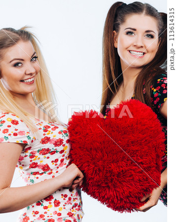 Happy two women holding heart shaped pillow 113614315