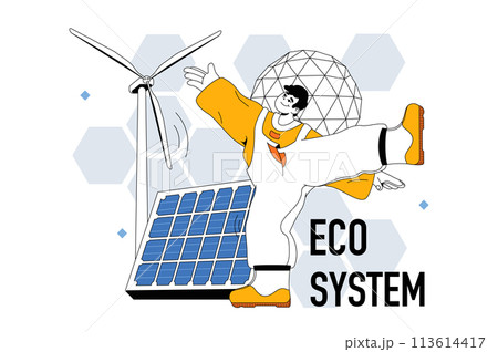 Eco system outline web modern concept in flat line design. Man using solar panels and wind turbines for alternative energy generation. Vector illustration for social media banner, marketing material. 113614417