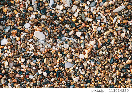 Pebbles beach stones background. Colorsful natural. Horizontal orientation. Pebbles beach stones background. Colorsful natural. Horizontal orientation. 113614829