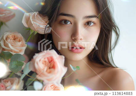 薔薇の花と女性の美容イメージ（スキンケア・ボディケア・エステサロン） 113614883