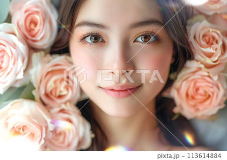薔薇の花と女性の美容イメージ（スキンケア・ボディケア・エステサロン） 113614884