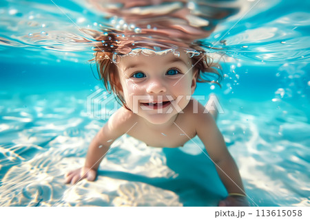 A cute baby floats underwater, surrounded by the gentle embrace of the water. Diving toddler concept. Generative AI. 113615058