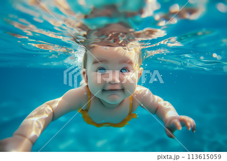 A cute baby floats underwater, surrounded by the gentle embrace of the water. Diving toddler concept. Generative AI. 113615059