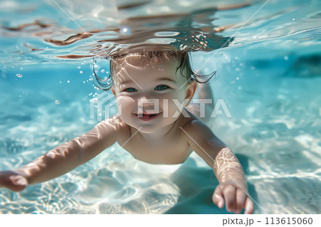 A cute baby floats underwater, surrounded by the gentle embrace of the water. Diving toddler concept. Generative AI. 113615060