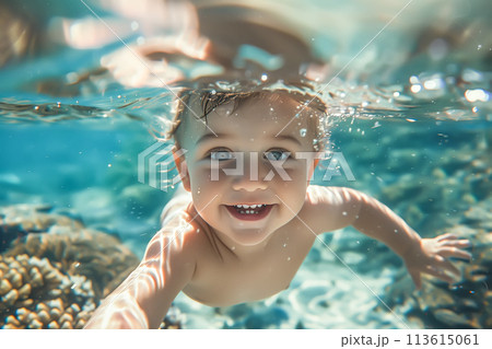 A cute baby floats underwater, surrounded by the gentle embrace of the water. Diving toddler concept. Generative AI. 113615061