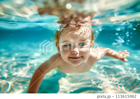 A cute baby floats underwater, surrounded by the gentle embrace of the water. Diving toddler concept. Generative AI. 113615062