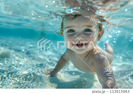 A cute baby floats underwater, surrounded by the gentle embrace of the water. Diving toddler concept. Generative AI. 113615063