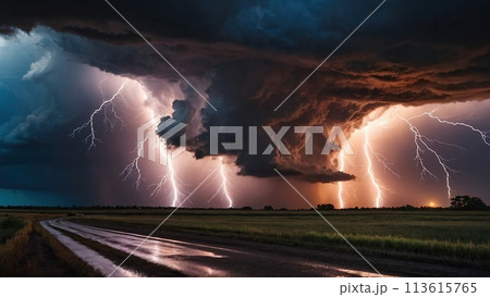 Hurricane clouds and lightning against the horizon 113615765