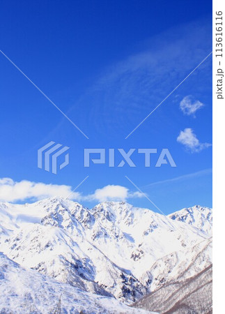 冬晴れの下、美しく雪化粧した北アルプス白馬三山の雄姿 冬晴れの下、美しく雪化粧した北アルプス白馬三山の雄姿 113616116