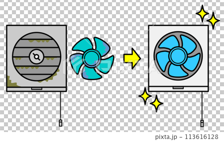 家庭用キッチンでファンの回転で換気をする換気扇のイラスト 家庭用キッチンでファンの回転で換気をする換気扇のイラスト 113616128