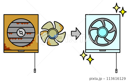 家庭用キッチンでファンの回転で換気をする換気扇のイラスト 家庭用キッチンでファンの回転で換気をする換気扇のイラスト 113616129
