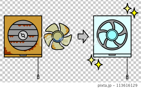 家庭用キッチンでファンの回転で換気をする換気扇のイラスト 家庭用キッチンでファンの回転で換気をする換気扇のイラスト 113616129