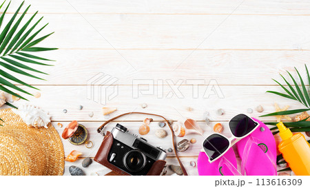 Vacation travel planning background of film camera, straw hat, sunglasses, palm leaves, flip flops and shells on white planks Vacation travel planning background of film camera, straw hat, sunglasses, palm leaves, flip flops and shells on white planks 113616309