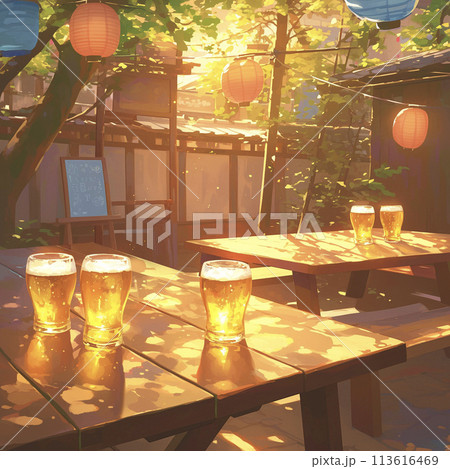 夜の和風のカフェで飲むビール　AI画像 113616469