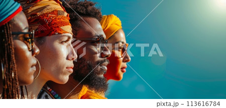 Colorful image of young people of different races and ethnicities, men and women standing closely to each other. Blue sky backdrop 113616784