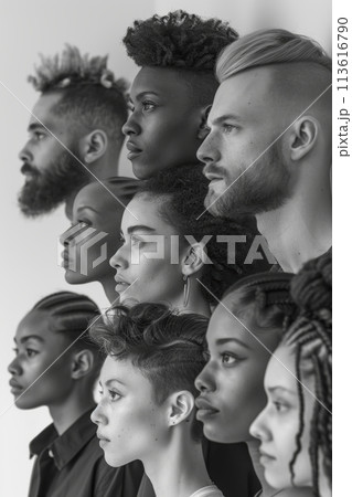 Monochrome profile portrait showcasing diversity of humanity. Men and women of different races and ethnicities. Unity of people 113616790
