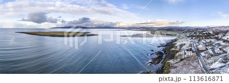 Aerial view of snow covered Portnoo in County Donegal, Ireland. Aerial view of snow covered Portnoo in County Donegal, Ireland. 113616871