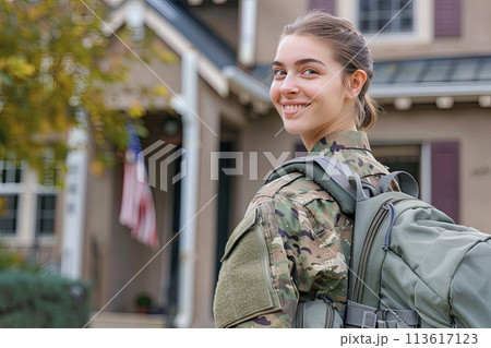 Happy American servicewoman coming back home after serving her country in the military. Ai generative 113617123