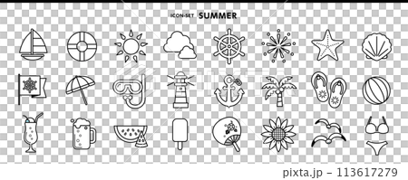 Set of summer icons including fireworks, yachts, lighthouses, anchors, etc. Set of summer icons including fireworks, yachts, lighthouses, anchors, etc. 113617279
