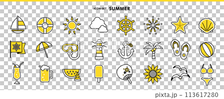 Set of summer icons including fireworks, yachts, lighthouses, anchors, etc. 113617280