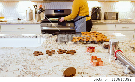 After baking to perfection, these delightful gingerbread cookies are now cooling gracefully on a wire rack, filling the modern kitchen with a warm and inviting aroma. After baking to perfection, these delightful gingerbread cookies are now cooling gracefully on a wire rack, filling the modern kitchen with a warm and inviting aroma. 113617388