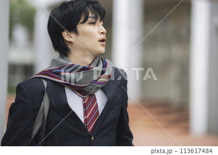 マフラーをした男子高校生 　撮影協力：有明教育芸術短期大学 113617484