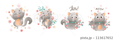 Cute Grey Kitten with Pretty Snout with Flowers Vector Set Cute Grey Kitten with Pretty Snout with Flowers Vector Set 113617652
