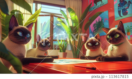 A group of carnivorous felines gather around a table with a houseplant 113617815
