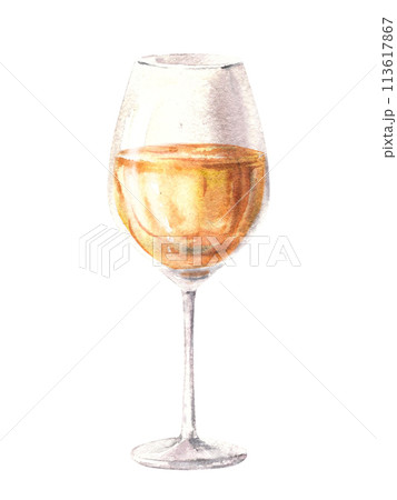 Glass of white wine, drink juice, liqueur, schnapps, champagne. Watercolor illustration. Drinking clipart for winemaking, wine list, bar, restaurant menu, sticker, print. Isolated white background. Glass of white wine, drink juice, liqueur, schnapps, champagne. Watercolor illustration. Drinking clipart for winemaking, wine list, bar, restaurant menu, sticker, print. Isolated white background. 113617867