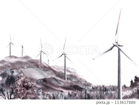 Monochrome landscape with windmills, wind turbine on hills, mountain, field with grass trees Hand drawn watercolor illustration Green energy, environmental protection isolated clipart white background Monochrome landscape with windmills, wind turbine on hills, mountain, field with grass trees Hand drawn watercolor illustration Green energy, environmental protection isolated clipart white background 113617880