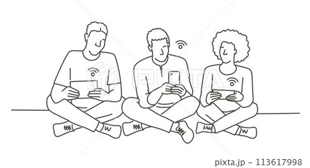 Three people sitting on the floor with their cell phones Three people sitting on the floor with their cell phones 113617998