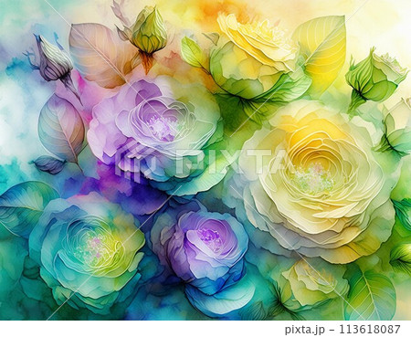 カラフルな薔薇のフレームと幻想的なテクスチャ背景 113618087