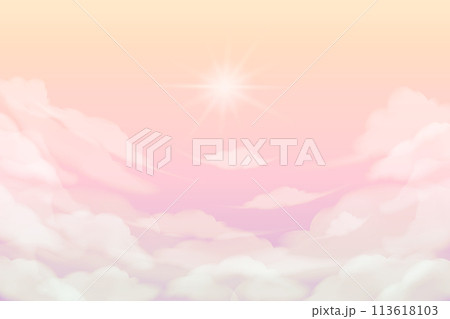 Pink sky with clouds and sun. Fantasy gentle background of dawn in soft colors. Fairytale landscape 113618103