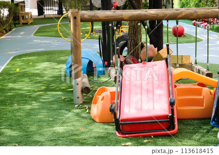 Playground in the park with children's equipment. Playground for children. Playground in the park with children's equipment. Playground for children. 113618415