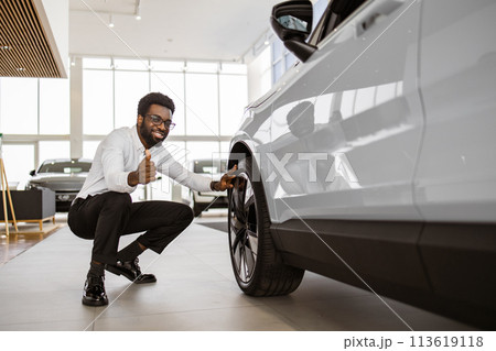 Smiling businessman wants to buy new automobile. 113619118