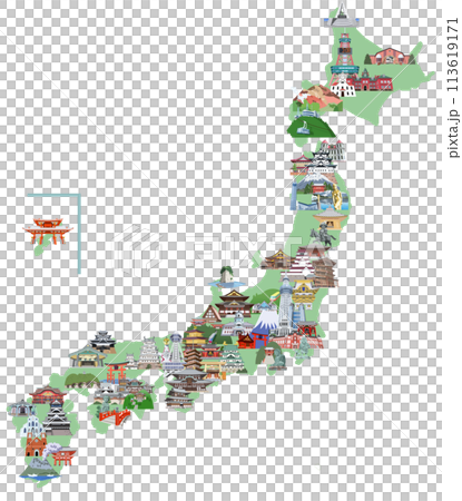 Illustrated map of tourist spots in Japan, Yellow 113619171