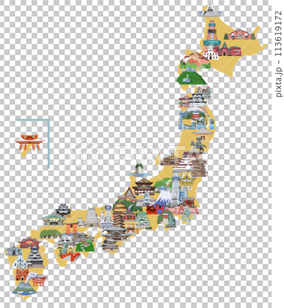 日本列島観光地イラストマップ イエロー 日本列島観光地イラストマップ イエロー 113619172